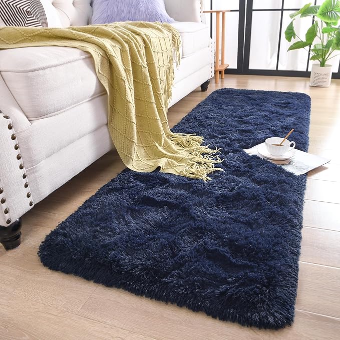 Chicrug Soft Runner Rug for Bedroom Living Room Plush Fluffy Rug 2x10 Feet, Shag Furry Runner Carpet Non Shedding for Nursery Children Kids Girls Room Home Decorative, Navy Blue