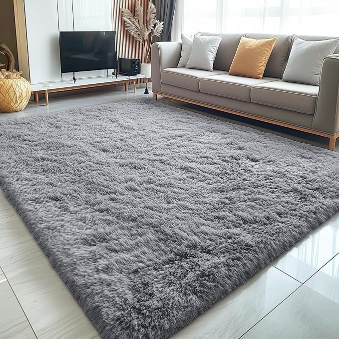 OLANLY 8x12 Machine Washable Large Area Rugs for Living Room, Bedroom, Soft Fluffy Shaggy Bedside Rug, Indoor Floor Carpet for Kids Girls and Boys, Dorms, Nursery, Home Decor Aesthetic, Light Grey