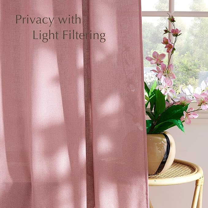 NICETOWN Linen Pink Curtains for Girls Room, Grommet Thick Flax Semi Sheer Window Treatments Privacy Assured with Light Filtering for Bedroom/Kids Room, 2 Panels, W55 x L84