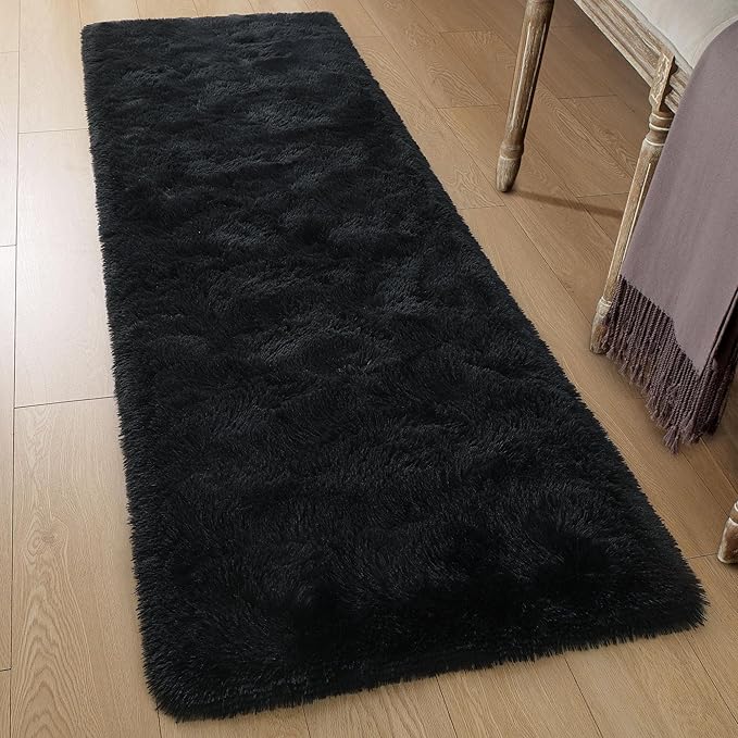 Tepook Soft Runner Rugs for Bedroom 2x6 ft with Rubber Backing, Black Fluffy Rugs for Living Room, Shag Bedside Rug Fuzzy Plush Carpet for Room, Area Rug for Dorm Nursery Hallway Indoor Home Decor