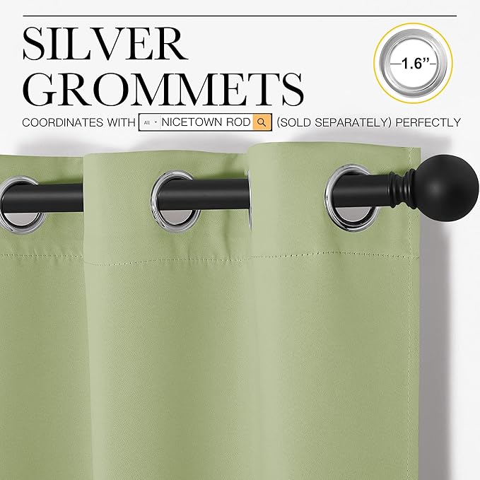 NICETOWN Curtains for Bedroom, Green Nursery Curtains Thermal Insulated, Grommet Top Blackout Drapes for Son's Room Privacy (Sage Green, 1 Pair, 42 x 63 inches)