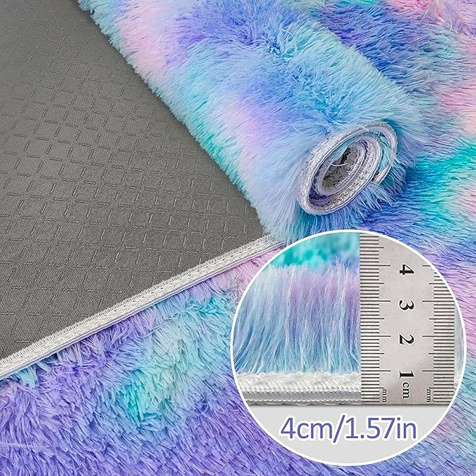 Super Soft Fluffy Living Room Area Rug 2x10 ft Purple Rainbow Tie-Dyed Shaggy Furry Carpet Washable Non-Slip Carpets Bedroom Bedside Nursery Rug Cute Colorful Room Decor for Girls