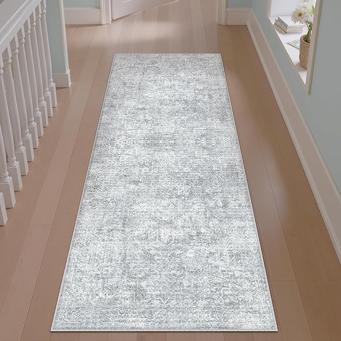PureCozy 2x8 Runner Rug Washable Vintage Indoor Hallway Carpet Non Slip Grey Bedroom Low Pile Kitchen Distressed Long Retro Accent Throw Rug for Bathroom Dining Laundry Living Room