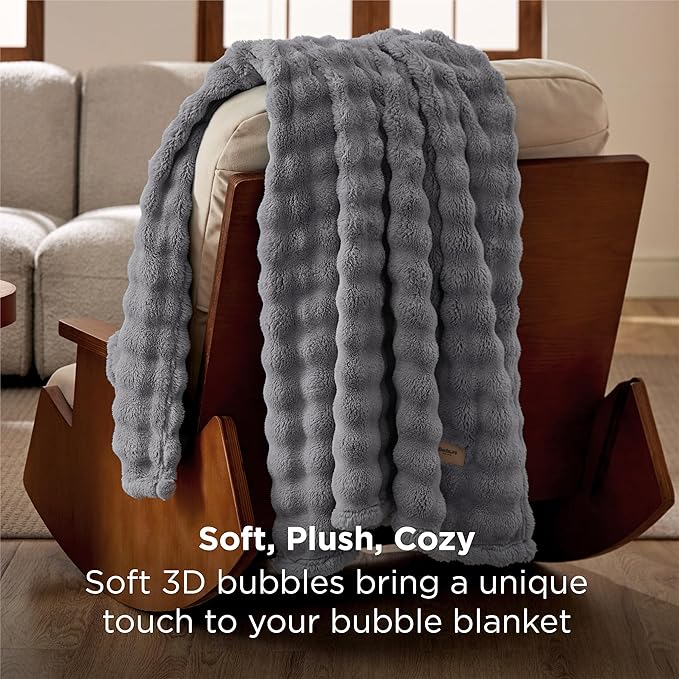 Bedsure 3D Fleece Bubble Blanket for Couch - GentleSoft Grey Throw Blanket for Sofa Bed Room Decor - Luxury Soft Cozy Gifts for Kids, Lightweight, All Seasons, Grey, 50"×60"