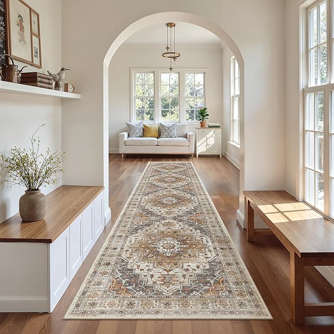 Madane Hallway Runner Rug 2'6''x12', Non Slip Vintage 12ft Runners for Hallways Washable Kitchen Rugs Soft Low Pile 2.5x12 ft Rug Runner for Laundry Room, Entryway and Bedroom, Turmeric/Grey