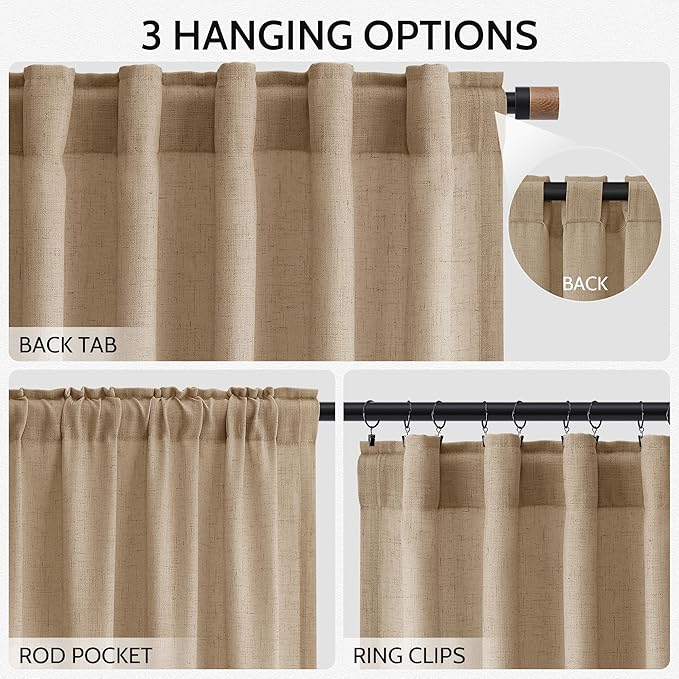 Nanspring Sand Beige Curtains 96 Inches Long for Living Room Flax Linen Light Filtering Luxury Simple Modern Semi Curtains Back Tab Privacy Semi Sheer Curtain for Bedroom Office 52x96, 2 Panels