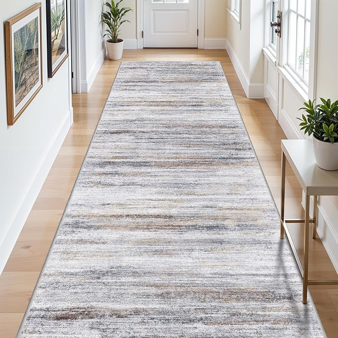 4x8 Wide Washable Runner Rug: Easy-to-Clean Runners for Hallway Entryway Kitchen Bedroom Living Room - Stain and Water Resistant Rugs with Non-Slip Backing - Soft Low-Pile Carpet Beige Grey