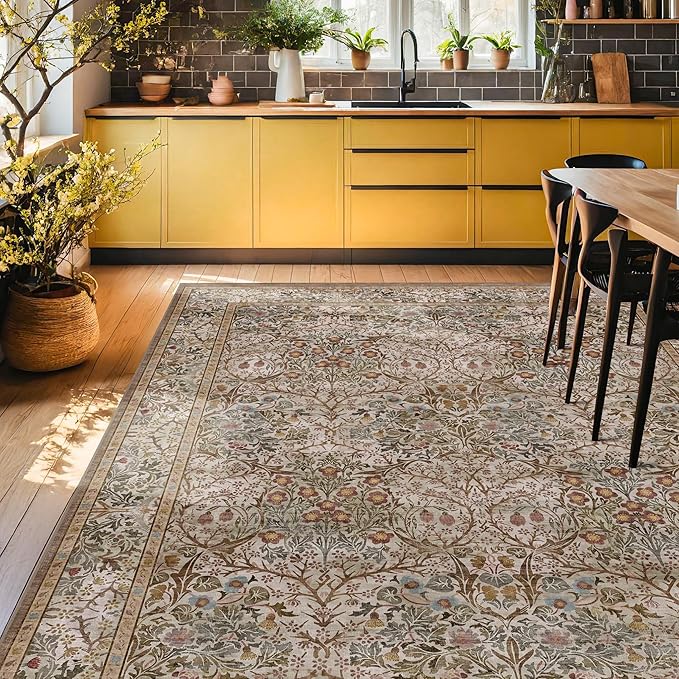 Hazo Haus Vintage Moss Green Living Room Rug, Neutral Taupe 8x10 Washable Area Rugs for Bedroom, Dining Room Rugs Under Kitchen Table, Oriental Low Pile Stain Resistant Non-Slip Large Rug
