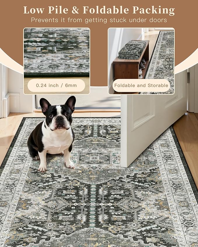 Madane Washable Kitchen Runner Rug 2x6, Ultra-Thin Non-Slip Hallway Runner, Stain Resistant Vintage Entryway Carpet Runner, Pet Friendly Low Pile Runners, Grey Green/Black Olive