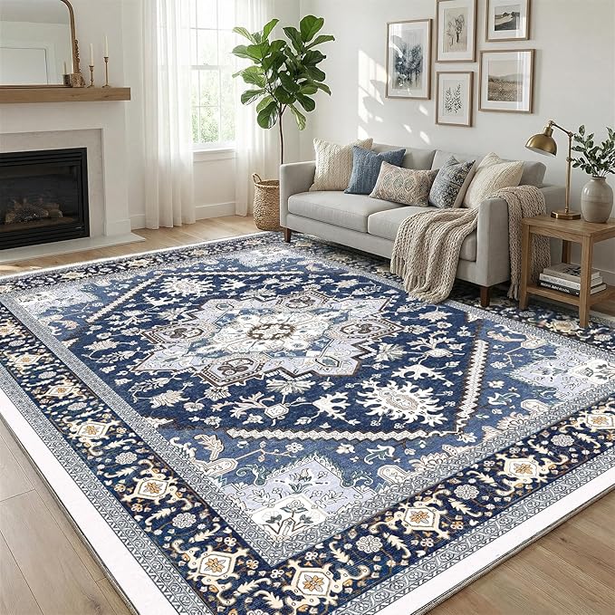 OPPODREAM Soft 6x9 Area Rugs, Washable Rug 6x9 with Non Slip Backing, Faux Cashmere Low-Pile 6 x 9 Carpet, Navy Blue & Gold