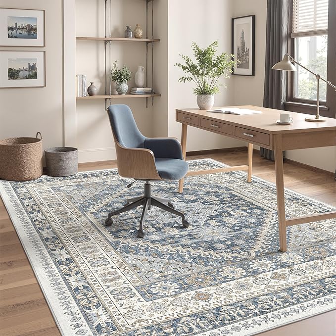 6x9 Area Rugs for Living Room,Soft Low Pile Indoor Washable Rugs for Bedroom, Non-Slip Backing Vintage Large Area Rug, Printed Vintage Floral Carpet(Blue/Beige,6'x9')