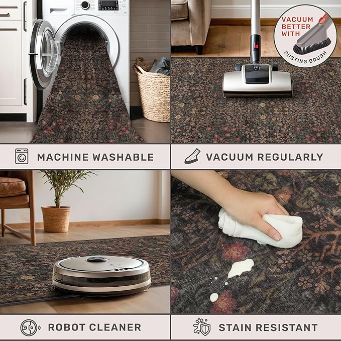 Washable Dark Brown 4x6 Area Rugs for Living Room, Bedroom Bedside Rug, Kitchen, Mudroom, Home Office, Non-Slip Low Pile Ultra Soft Stain Resistant, Small Vintage Taupe Accent Botanical Floral Carpet