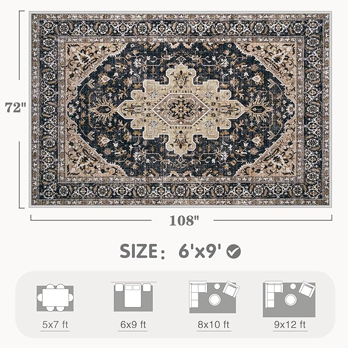 Area Rugs 6x9 Vintage Rug: Washable Living Room Rug Retro Medallion Distressed Large Soft Low Pile Non-Slip Indoor Floor Carpet for Bedroom Kitchen Nursery Dining Table Office (BeigeBlack, 6'x9')