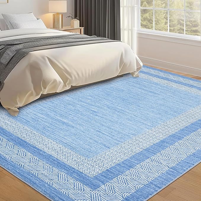 GarveeHome Small Bedroom Area Rug 3x5 Bordered Area Rug for Living Room Nursery Non Slip Kitchen Throw Carpet Low Pile Modern Rugs Washable Bathroom Mat Soft Rugs for Laundry, Light Blue