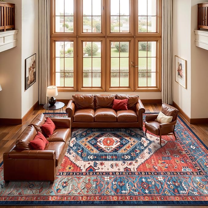 SERISSA 10x12 Area Rugs for Living Room, Large Washable Non-Slip Boho Rug, Ultra Soft Vintage Rust Oriental Tribal Print Distressed Carpet for Dining Room Bedroom Office Home Decor