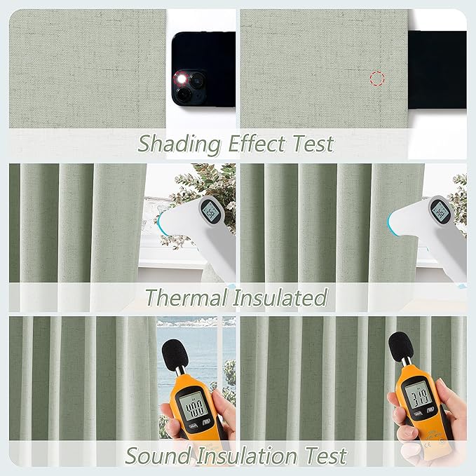 Guken Mist Sage 100% Blackout Linen Curtains 96 Inch Length 2 Panels Set for Living Room Bedroom Back Tab Thermal Insulated Black Out Drapes Room Darkening Farmhouse Style for Bedroom Window Curtains