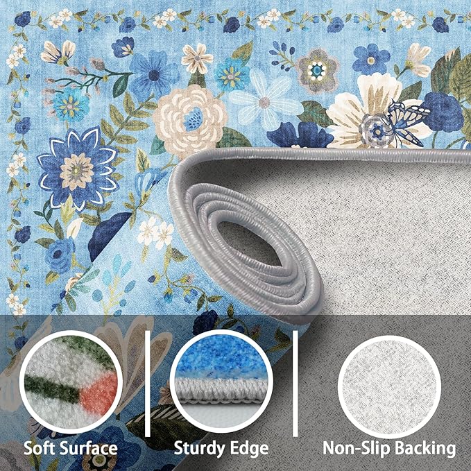 2x4 Entryway Runner Rugs, Non Slip Washable Rugs with Rubber Backing Soft Floral Carpet Runner for Kitchen, Laundry, Bedroom, Bathroom(2 x 4, Blue Garden)