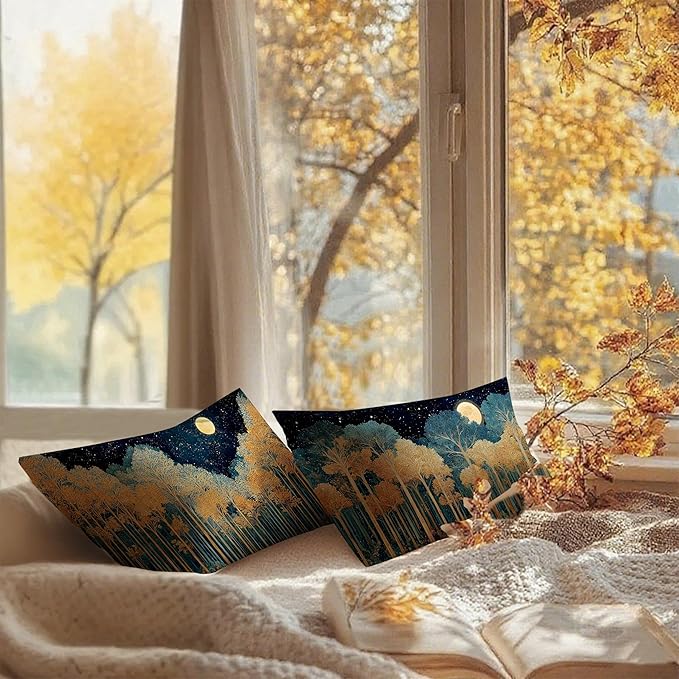 Rustic William Morris Inspired Gold Forest Moon Pillow Covers 12x20 Set of 2,Vintage Black and Gold Botanical Moon Nature Landscape Decorative Throw Pillow Covers for Home Bedroom Living Room