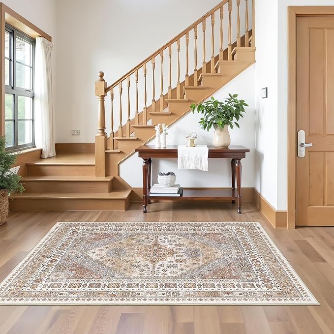 3x5 Washable Area Rug for Entryway, Kitchen Rugs Non Slip for Dining Room, Vintage Floral Soft Living Room Rug, Thin Area Rug Indoor for Bedroom, Kids Room Decor(Orange,3'x5')