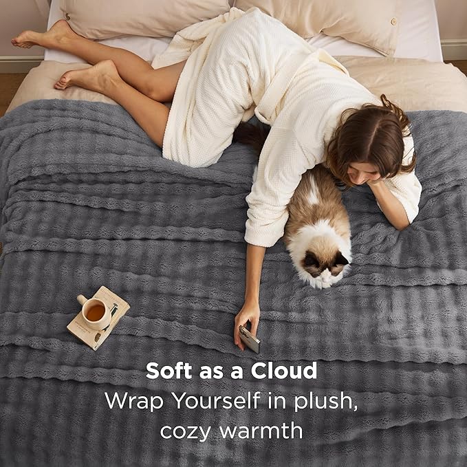 Bedsure 3D Fleece Bubble Blanket - GentleSoft Grey Queen Blanket for Bed Sofa Room Decor - Luxury Soft Cozy Gifts for Kids, Lightweight, All Seasons, Grey, 90"×90"