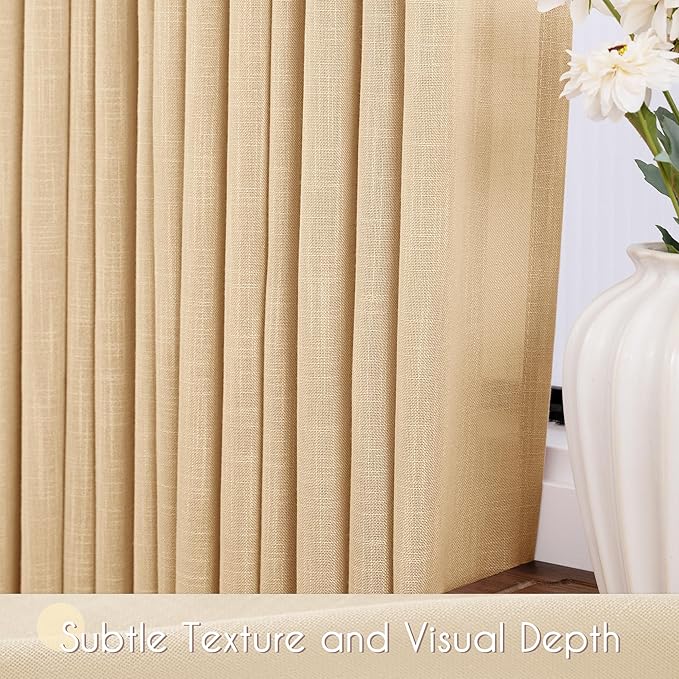 Tan Linen Curtains 102 inches Long for Living Room Back Tab Rustic Farmhouse Semi Sheer Light Filtering Window Curtain Dining Room Soft Thick Flax Linen Textured Drapes Kahki 52x102