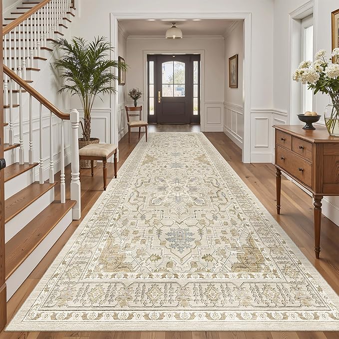Madane 4x10 Wide Hallway Runner Rug: Washable Soft Rug Runners for Living Room Bedroom, Stain Resistant Low Pile Area Rugs Non Slip Floor Carpet for Ktichen (Beige/Blue, 4x10)