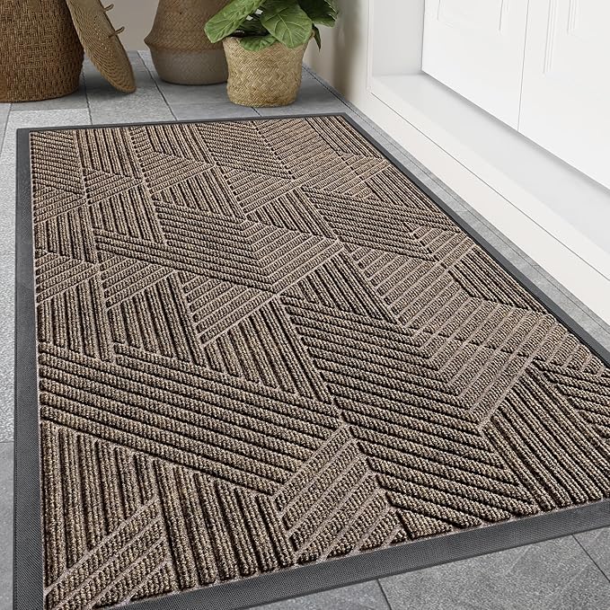 Smiry Front Door Mat Outside Entrance, Heavy Duty Sturdy Natural Rubber Doormat, Trap Dirt and Moisture, Easy Clean Low Profile Mats for Indoor Outdoor Entry, Irregular Triangle (59x30, Brown)