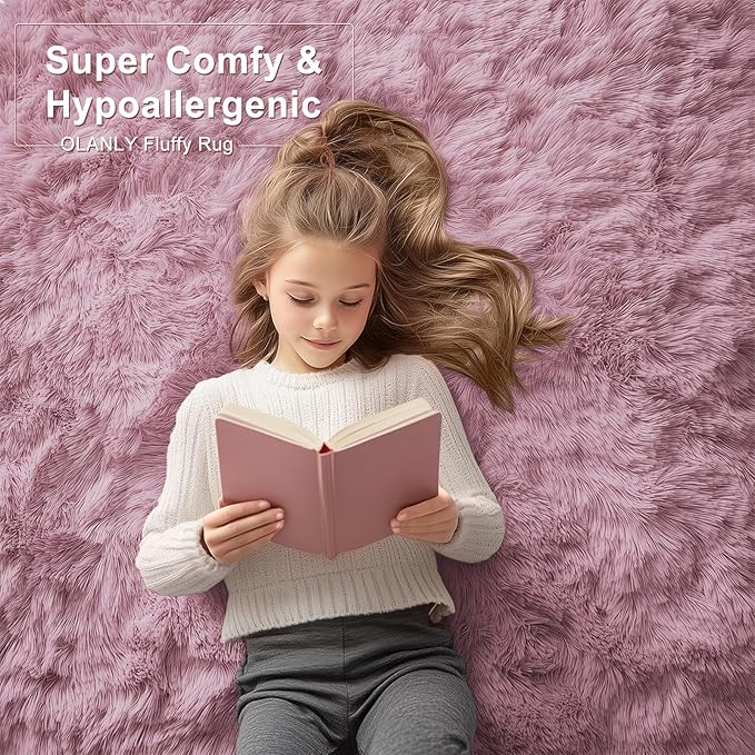 OLANLY 3x5 Machine Washable Small Bedside Rug, Soft Fluffy Shaggy Rugs for Living Room, Bedroom, Indoor Floor Carpet for Kids Girls and Boys, Preppy Dorms, Nursery, Home Decor Aesthetic, Blush