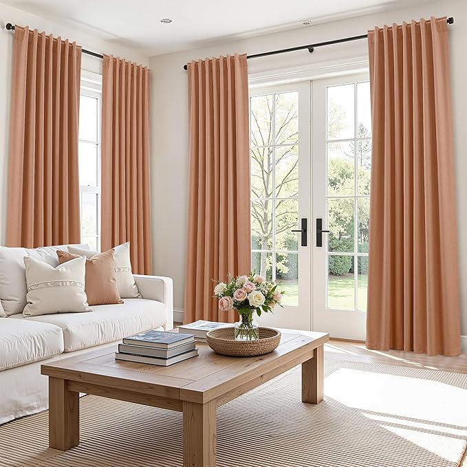 Guken 100% Blackout Curtains 84 Inch Length 2 Panels Set for Living Room Bedroom Back Tab Thermal Insulated Black Out Linen Drapes Room Darkening Peach Quartz,52x84
