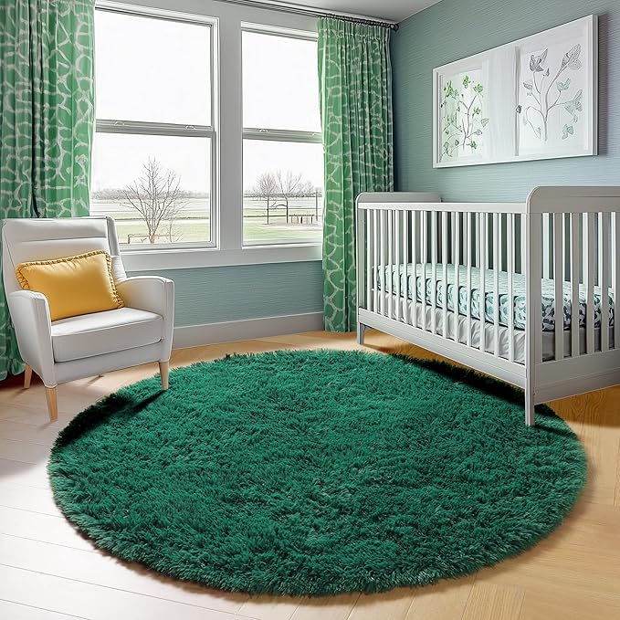 ONASAR Dark Green Round Area Rug 4ft, Soft Bedroom Circle Rugs for Kids Girls Teen Room, Cute Furry Plush Shaggy Carpet for Baby Nursery Living Room Playroom Dorm Christmas Home Decor