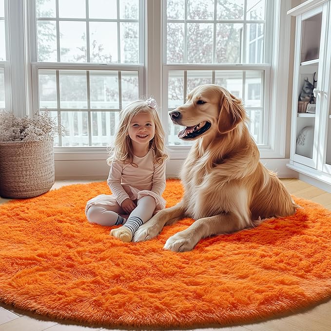 ONASAR Orange Round Rugs 5ft for Bedroom Living Room, Fluffy Circle Area Rug for Kids Girls Boys Teen, Soft Plush Shaggy Carpet for Nursery Dorm Classroom Playroom Home Decor Aesthetic