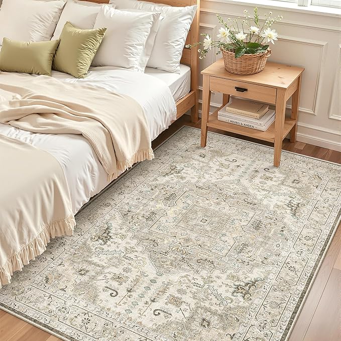 Madane Area Rug 4x6 Washable Rugs: Vintage Living Room Rug Soft Low Pile Non Slip Area Rugs Distressed Indoor Floor Carpet for Bedroom Kitchen Dining Room Home Decor, Ivory/Brown
