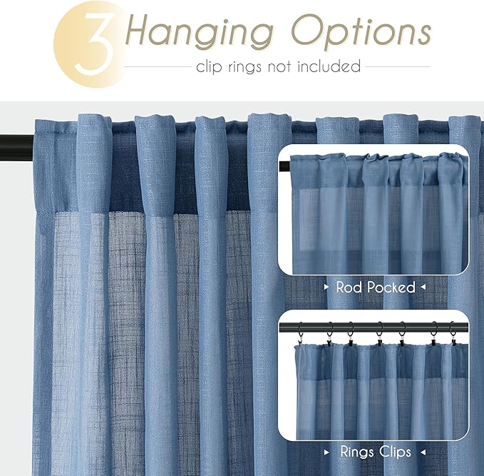 Denim Blue Curtains for Living Room Back Tab Modern Farmhouse Semi Sheer Blue Curtains 144 inches Long 2 Panels Set Muted Neutral Window Curtain for Dining Room Bedroom 52x144