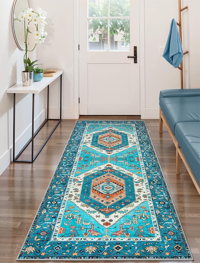 SERISSA Boho Kitchen Runner Rug, 3x7 Washable Non-Slip Runner Rug for Hallways Kitchen Rug, Ultra Soft Vintage Blue Print Distressed Tribal Floor Carpet Runner for Bedroom Entryway Laundry Room