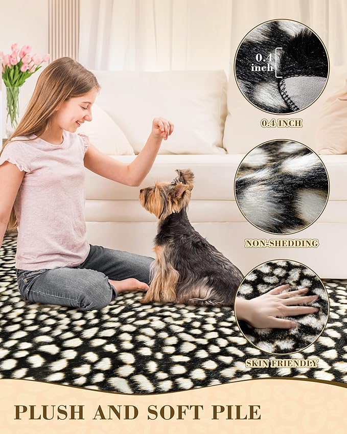 Leopard Print Rug for Living Room, Cheetah Rug 5.2x7 Faux Animal Print Skin Cheetah Area Rug for Bedroom Nursery Animal Fur Hide Irregular Shaped Rustic Antelope Black