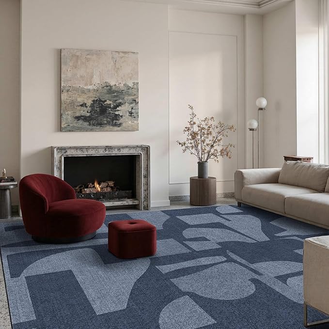 Latte&Fog 6x9 Area Rugs for Living Room Bedroom, Modern Abstract Washable Rug, Boho Non Slip Low Pile Carpet for Indoor Dining Room, Dorm, Classroom, College Dorm, Farmhouse and Kids Room - Navy Blue
