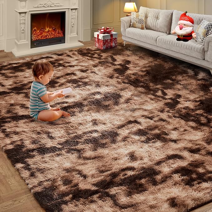 Fluffy Shag Area Rugs for Bedroom, 5x7 Ft Tie-Dyed Coffee Upgrade Anti-Skid Rectangular Cozy Rug, Indoor Shag Fuzzy Carpets for Boy and Girls Room Dorm Home Decor Aesthetic