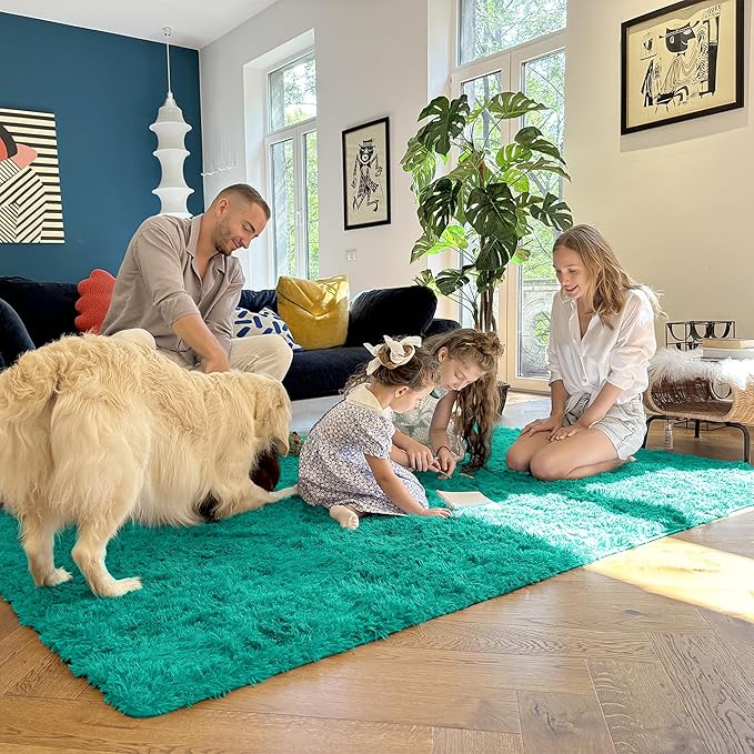 OLANLY 9x12 Machine Washable Large Area Rugs for Living Room, Bedroom, Soft Fluffy Shaggy Bedside Rug, Indoor Floor Carpet for Kids Girls and Boys, Dorms, Nursery, Home Decor Aesthetic, Teal Green
