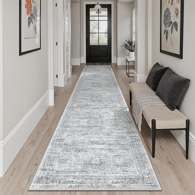 Runner Rug 2x12 Washable Non-Slip Hallway Runner Rugs for Kitchen Bathroom Laundry Room Grey Vintage Floor Carpet Runners for Hallways Entryway