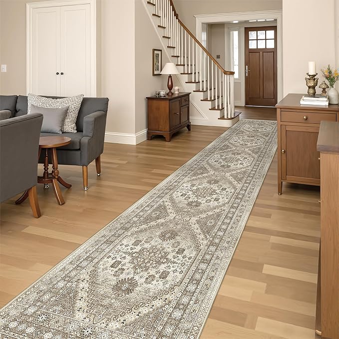 Washable Runner Rug 2.5x14, Non-Slip Long Kitchen Mats for Floor, Vintage Rug for Entryway, Soft Hallway Runner for Dining Room, Bedroom, Living Room(Brown,2.5'x14')