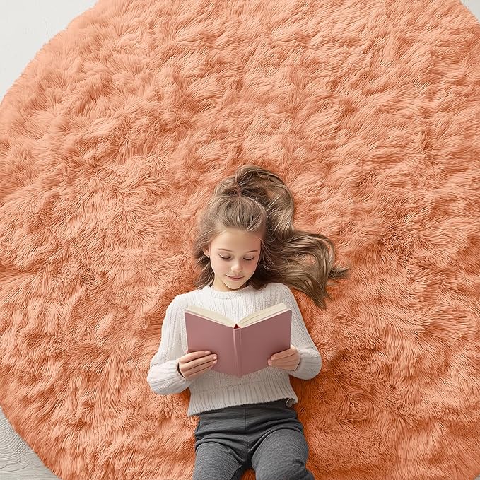 OLANLY Muted Orange Round Rugs for Bedroom - Machine Washable, 6 ft Circle Area Rugs for Living Room, Soft and Fluffy Shaggy Carpet for Teen Girl and Boys, Nursery Rooms, Dorms, Home Decor Aesthetic
