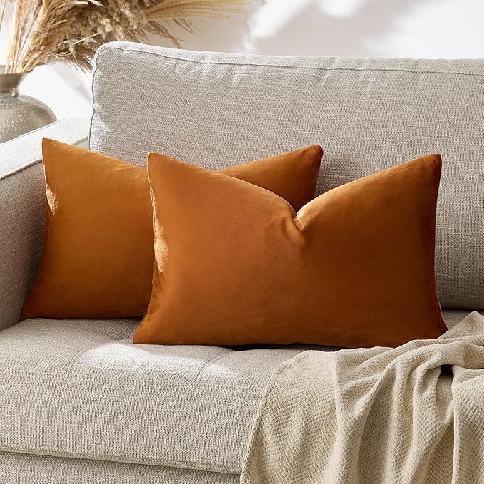 GIGIZAZA 12x20 Dark Burnt Orange Pillow Covers Velvet Lumbar Pillow Decorative Throw Pillows Couch Sofa Covers Bedroom Set of 2