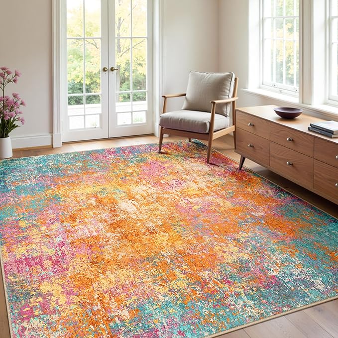 Washable Area Rugs 4'x6' Non-Slip Modern Abstract Soft for Living Room Entryway Bedroom Nursery, Print Pattern, Orange Blue Pink Yellow Colorful