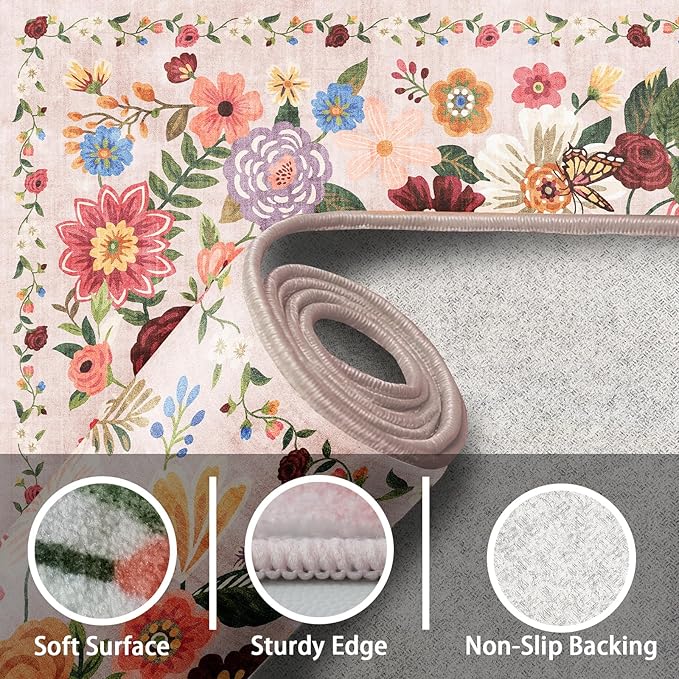 Pink Area Rugs 9x12 Living Room Washable Rug Non Slip Floral Low Pile Large Rug for Living Room, Bedroom, Farmhouse, Dining Room, Kids Playroom(9 x 12, Light Pink)