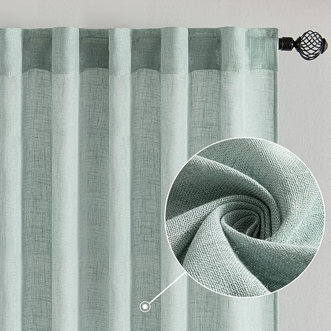 MIULEE Sea Green Linen Curtains 90 Inch Long for Bedroom Living Room, Soft Thick Linen Textured Window Drapes Semi Sheer Light Filtering Back Tab Rod Pocket Burlap Look Aqua Decor, 2 Panels