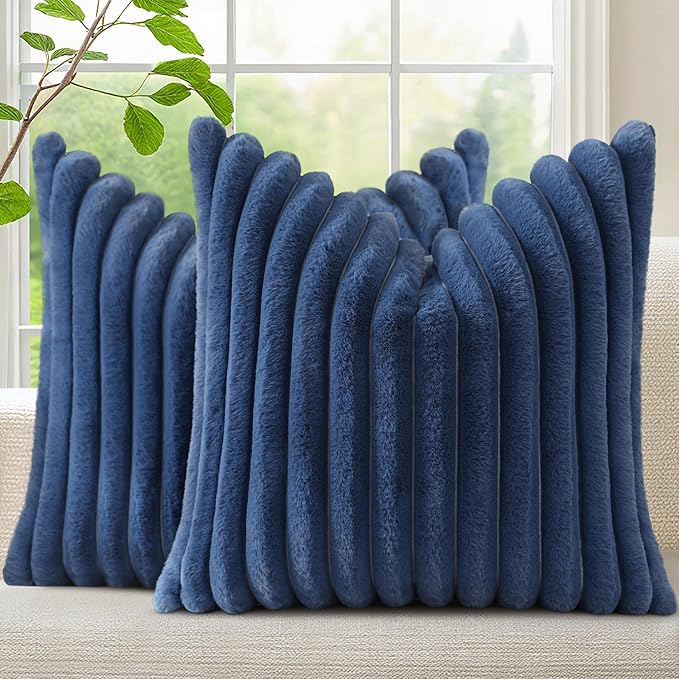decorUhome Cozy Faux Fur Throw Pillow Covers 12x12 Set of 2 Decorative Soft Plush Striped Modern Farmhouse Boho Couch Pillow Cases with Velvet Back for Sofa Bed Living Room, Navy Blue