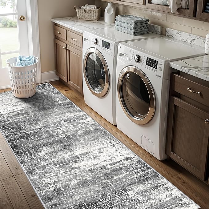2x8 Washable Hallway Runner Rug: Abstract Stain Resistant Kitchen Rugs Farmhouse Ultra Soft Bathroom Bedroom Entryway Print Floor Mat Thin Non-Slip Indoor Carpet for Living Room Laudry(2x8,Black/Grey)