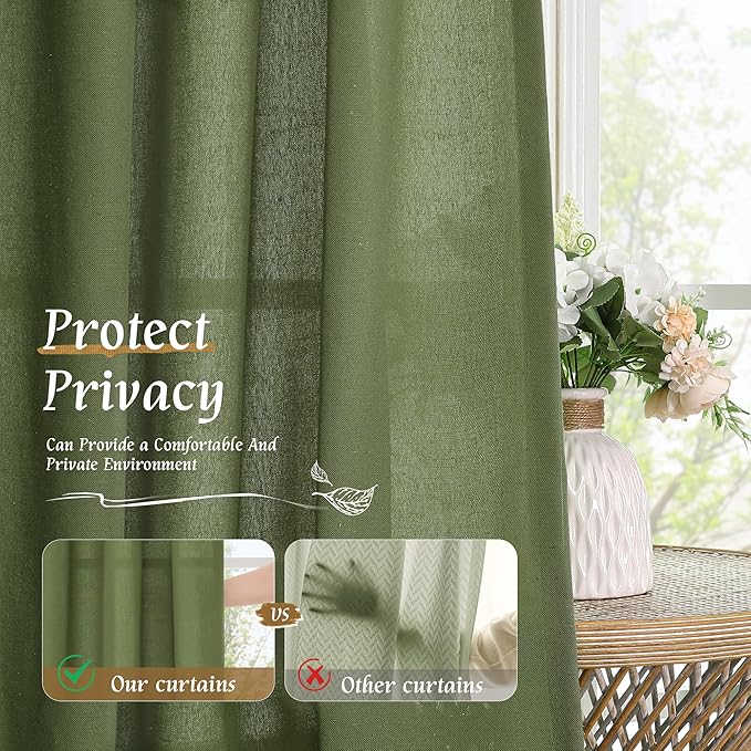 LAMIT Linen Curtains 45 Inch Length 2 Panels Set for Bedroom, Light Filtering Semi Sheer Neutral Short Decorative Window Rod Pocket Christmas Decor Drapes for RV/Basement, 42 X 45 Inch, Olive Green