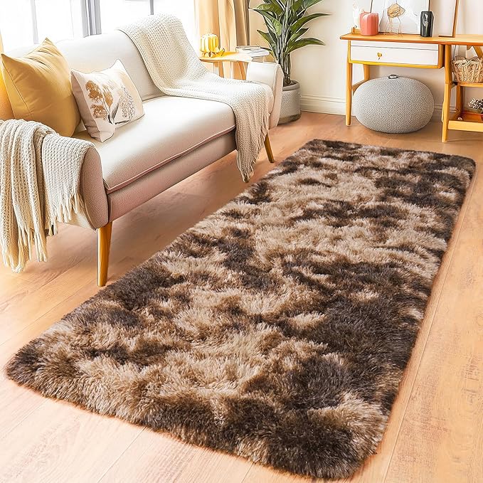Pionblank Fluffy Runner Rugs for Bedroom 2x6, Modern Shaggy Brown Area Rug for Hallway Living Room, Plush Soft Fuzzy Bedside Carpet for Kids Girls Boys Room Nursery, Tie-Dyed Coffee