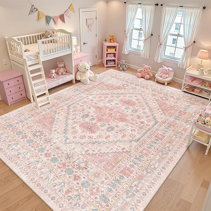 zesthome 8x12 Area Rugs for Girls Bedroom, Low Pile Machine Washable Rugs, Vintage Large Pink Rugs, Stain Resistant Nursery Room Rug, Baby Crawling Rug (Pink/Blue,8'x12')